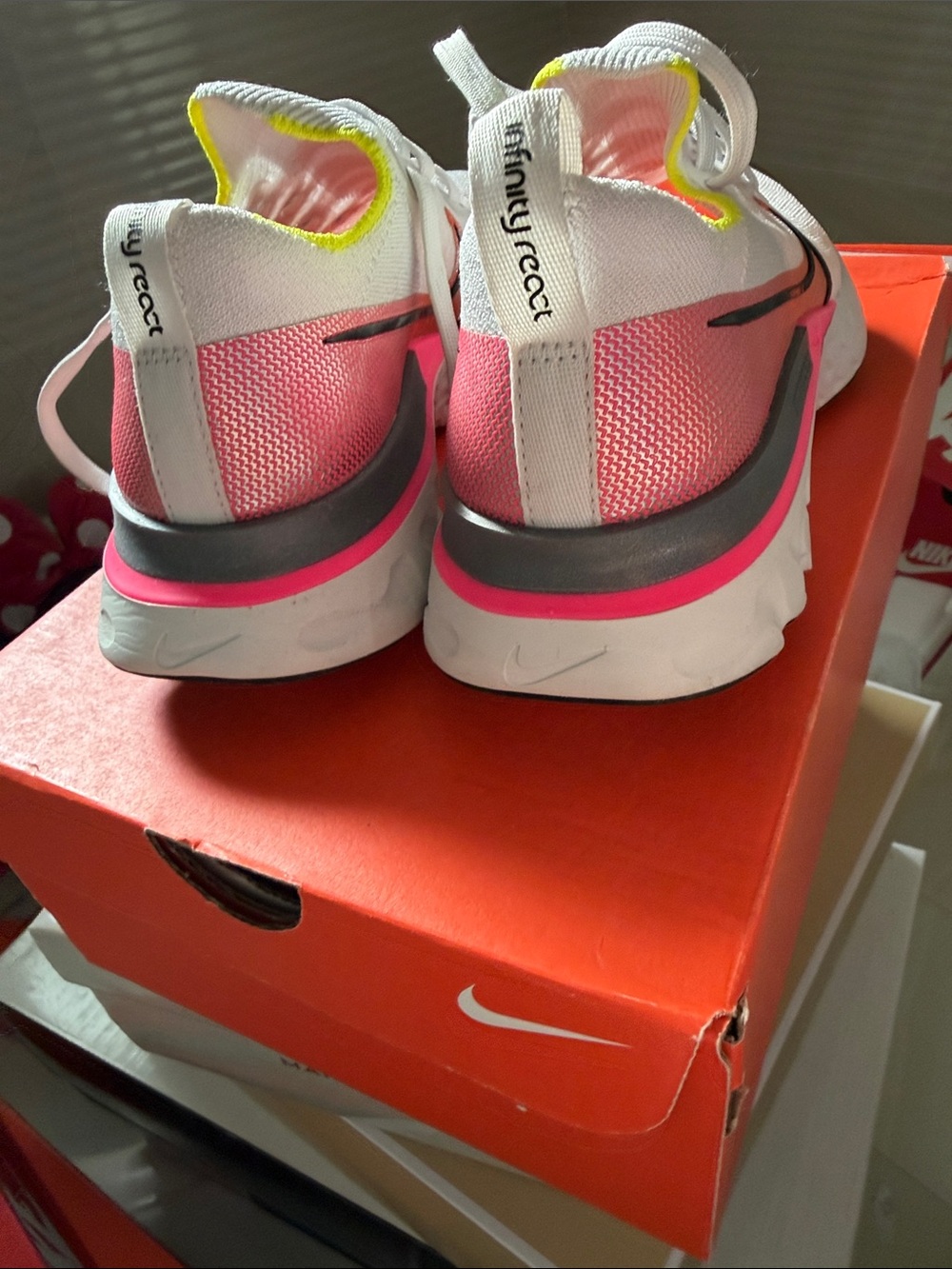 Nike Pink Knit Running Sneakers with Neon Yellow Collar and Hot Pink Accents - Picture 4 of 5